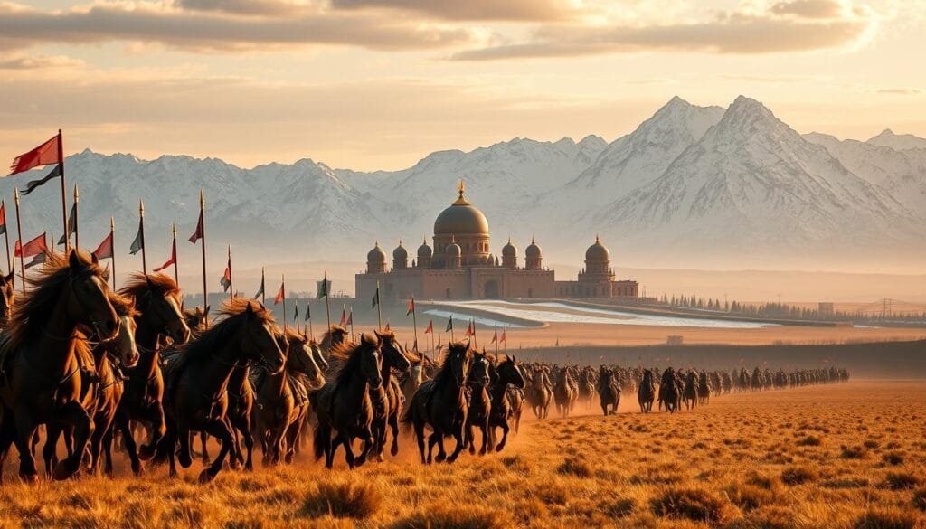 A majestic panorama of the Mongol Empire, showcasing its vast expanse and cultural prowess. In the foreground, a horde of fearsome Mongol cavalry charges across the windswept steppe, their steeds' manes billowing in the breeze. In the middle ground, the iconic domed structures of Karakorum, the capital, rise up against a backdrop of snow-capped mountains. The warm, golden light of the setting sun casts a regal glow over the scene, evoking the empire's legendary might and splendor. The composition captures the essence of Mongolia's storied past, a testament to the enduring legacy of the Mongol khans. A majestic panorama of the Mongol Empire, showcasing its vast expanse and cultural prowess. In the foreground, a horde of fearsome Mongol cavalry charges across the windswept steppe, their steeds' manes billowing in the breeze. In the middle ground, the iconic domed structures of Karakorum, the capital, rise up against a backdrop of snow-capped mountains. The warm, golden light of the setting sun casts a regal glow over the scene, evoking the empire's legendary might and splendor. The composition captures the essence of Mongolia's storied past, a testament to the enduring legacy of the Mongol khans.
