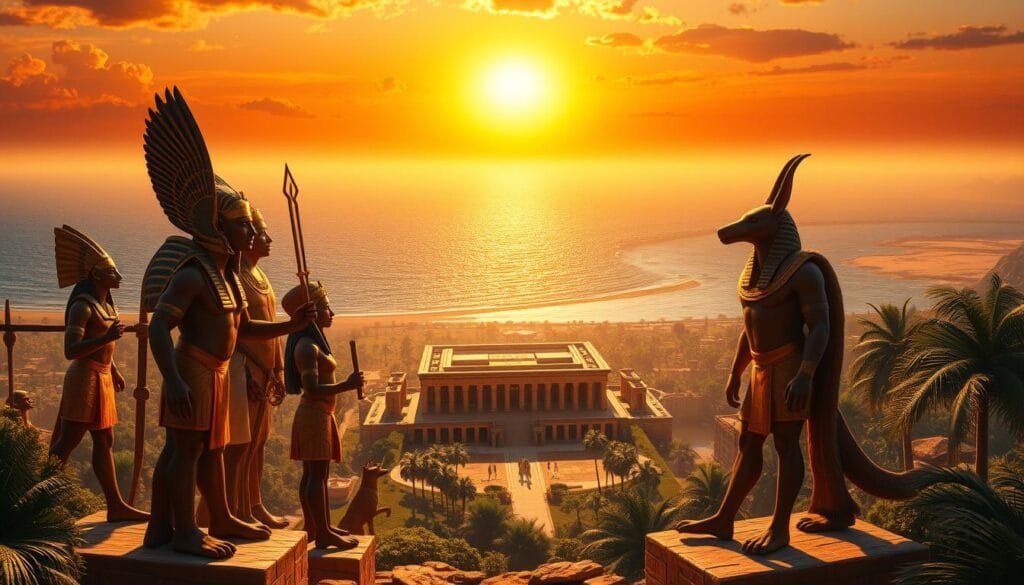 A majestic pantheon of ancient Egyptian deities, set against the backdrop of the primordial ocean and the rising sun. In the foreground, powerful figures like Horus, the falcon-headed god, and Anubis, the jackal-headed guardian of the dead, stand tall and proud, their forms rendered in intricate detail. The middle ground features a temple complex, its towering columns and hieroglyphic-adorned walls evoking the grandeur of the ancient civilization. In the distance, the vast expanse of the Nile river winds its way through the lush, verdant landscape, reflecting the warm, golden hues of the sky. The scene is bathed in a soft, ethereal light, creating a sense of reverence and awe, capturing the essence of the rich mythology and divine pantheon of ancient Egypt. A majestic pantheon of ancient Egyptian deities, set against the backdrop of the primordial ocean and the rising sun. In the foreground, powerful figures like Horus, the falcon-headed god, and Anubis, the jackal-headed guardian of the dead, stand tall and proud, their forms rendered in intricate detail. The middle ground features a temple complex, its towering columns and hieroglyphic-adorned walls evoking the grandeur of the ancient civilization. In the distance, the vast expanse of the Nile river winds its way through the lush, verdant landscape, reflecting the warm, golden hues of the sky. The scene is bathed in a soft, ethereal light, creating a sense of reverence and awe, capturing the essence of the rich mythology and divine pantheon of ancient Egypt.