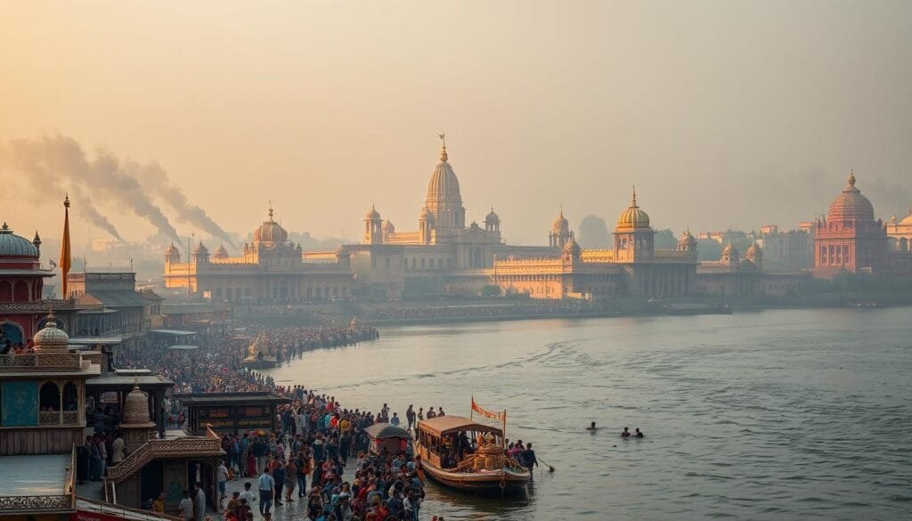 A majestic river snakes through the ancient city of Benares, India. In the foreground, colorful ghats line the banks, bustling with pilgrims performing sacred rituals in the holy waters of the Ganges. Temples and ornate architecture rise in the middle ground, their golden domes and intricate carvings glimmering in the warm, hazy light. In the background, smoke from funeral pyres mingles with the mist, creating an otherworldly, mystical atmosphere. The scene evokes the deep spirituality and reverence for the cycle of life and death that permeates this sacred place. A majestic river snakes through the ancient city of Benares, India. In the foreground, colorful ghats line the banks, bustling with pilgrims performing sacred rituals in the holy waters of the Ganges. Temples and ornate architecture rise in the middle ground, their golden domes and intricate carvings glimmering in the warm, hazy light. In the background, smoke from funeral pyres mingles with the mist, creating an otherworldly, mystical atmosphere. The scene evokes the deep spirituality and reverence for the cycle of life and death that permeates this sacred place.