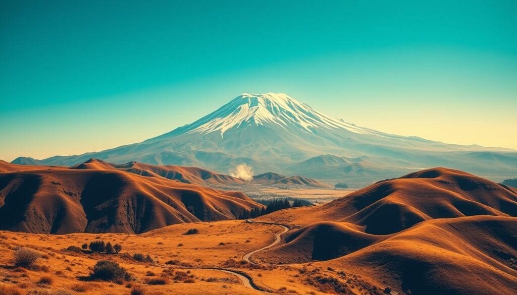 A majestic, snow-capped mountain rises against a vibrant azure sky, its summit the furthest point from the Earth's center. In the foreground, a sweeping expanse of rugged, undulating terrain in shades of ochre and sienna, dotted with hardy alpine vegetation. The middle ground features a winding path leading towards the mountain's base, where a small settlement nestles amidst the dramatic landscape. Warm, diffused lighting casts a golden glow, creating a sense of timelessness and grandeur. Captured with a wide-angle lens to emphasize the scale and grandeur of this iconic Ecuadorian landmark, "Chimborazo: the point farthest from the Earth's center."