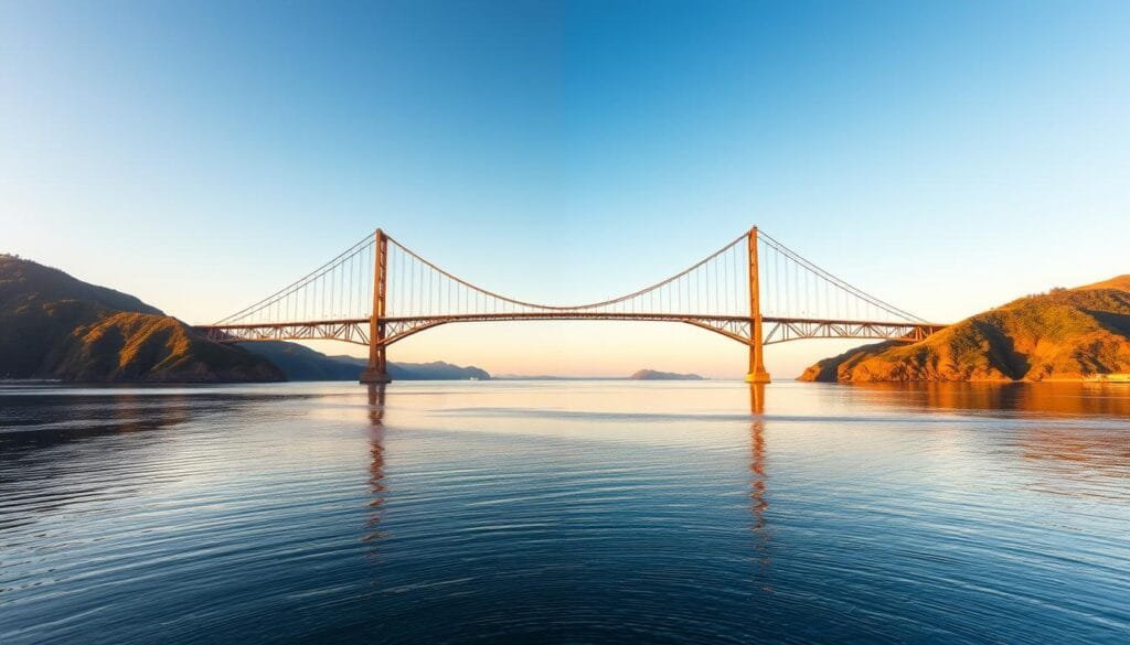 A majestic, steel-arched bridge spanning the serene waters that divide two continents. Bathed in warm, golden light, the structure stands as a testament to human ingenuity, connecting the Pacific and Atlantic coastlines. In the foreground, the graceful silhouette of the bridge is reflected in the calm, mirror-like surface, while in the distance, lush, verdant hills rise up on either side, framing the scene with a sense of tranquility. The entire composition exudes a feeling of harmony and progress, capturing the essence of the "Rutas, puentes y zonas libres: infraestructura que une continentes" section of the article. A majestic, steel-arched bridge spanning the serene waters that divide two continents. Bathed in warm, golden light, the structure stands as a testament to human ingenuity, connecting the Pacific and Atlantic coastlines. In the foreground, the graceful silhouette of the bridge is reflected in the calm, mirror-like surface, while in the distance, lush, verdant hills rise up on either side, framing the scene with a sense of tranquility. The entire composition exudes a feeling of harmony and progress, capturing the essence of the "Rutas, puentes y zonas libres: infraestructura que une continentes" section of the article.