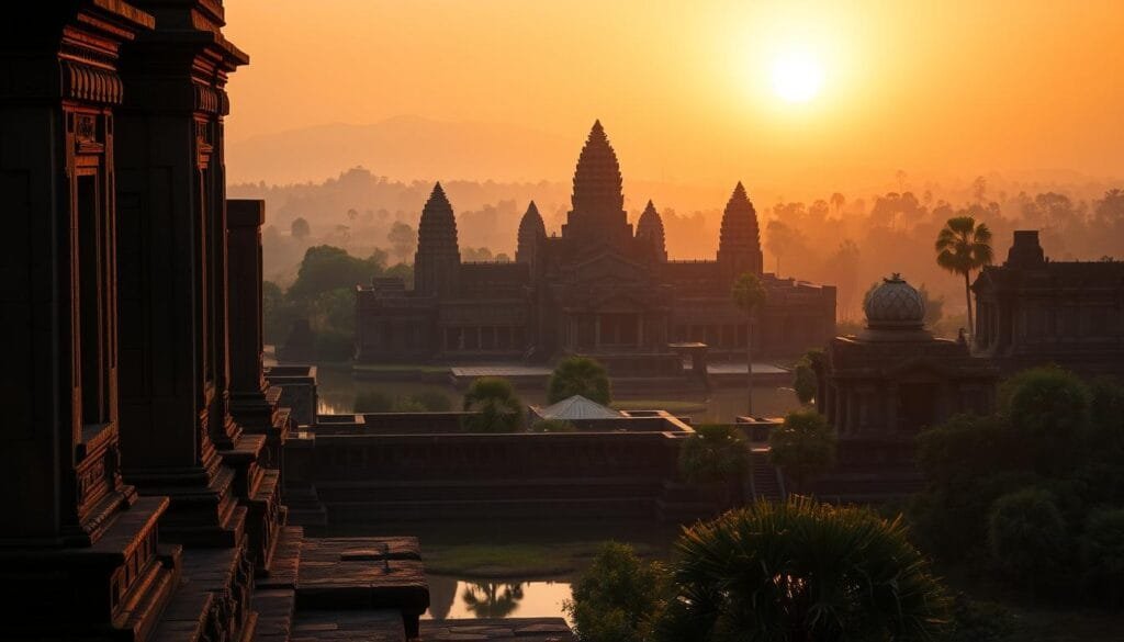 A majestic sunrise over the ancient stone towers of Angkor Wat, the iconic temple complex in Siem Reap, Cambodia. The foreground features the intricate carvings and bas-reliefs adorning the temple's facades, with sunlight casting dramatic shadows across the weathered stone. The middle ground showcases the temple's famous five lotus-shaped towers, their graceful silhouettes reflected in the still waters of the moat that surrounds the complex. In the background, a hazy tropical landscape with lush vegetation and a warm, golden glow fills the sky, creating a serene and timeless atmosphere. This breathtaking scene captures the grandeur and enduring legacy of Angkor Wat, a true wonder of the ancient world.