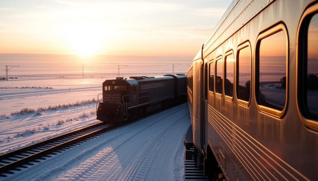 A majestic train gliding through the vast, snow-covered landscapes of Russia, its powerful locomotive cutting through the crisp, icy air. The Transiberian railway, a network of infinite steel rails, stretches across the horizon, connecting the country's 11 distinct time zones. The train's sleek, metallic body reflects the warm glow of the setting sun, casting long shadows across the pristine, frozen terrain. Passengers gaze out of the large, panoramic windows, marveling at the breathtaking, ever-changing vistas of the Russian heartland. An iconic symbol of the country's industrial might and engineering prowess, the train stands as a testament to the relentless determination and resilience of the Russian people.