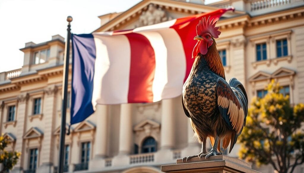 A majestic tricolor flag standing tall against a backdrop of a grand, ornate government building with neoclassical architecture. The flag's colors - blue, white, and red - fluttering in the breeze, symbolizing the national identity of France. In the foreground, the iconic Gallic rooster, a proud emblem of French national pride, perched atop a pedestal. The scene is illuminated by warm, golden sunlight, conveying a sense of patriotism and civic pride. The overall composition evokes the strength, history, and values that define the French national identity.