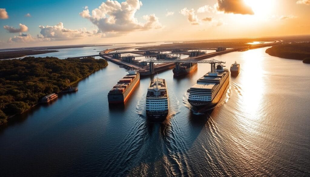 A majestic view of the iconic Panama Canal, its colossal locks and towering ships gliding effortlessly through the tranquil waterway. The sun's golden rays illuminate the lush, verdant banks, casting a warm glow over the scene. In the distance, the silhouettes of tropical foliage and the distant Panamanian skyline create a picturesque backdrop. The canal's engineering marvel is captured in precise detail, with the intricate mechanisms and precise engineering on display. The overall atmosphere conveys a sense of awe and wonder, befitting the historical significance and technological achievements of this global landmark. A majestic view of the iconic Panama Canal, its colossal locks and towering ships gliding effortlessly through the tranquil waterway. The sun's golden rays illuminate the lush, verdant banks, casting a warm glow over the scene. In the distance, the silhouettes of tropical foliage and the distant Panamanian skyline create a picturesque backdrop. The canal's engineering marvel is captured in precise detail, with the intricate mechanisms and precise engineering on display. The overall atmosphere conveys a sense of awe and wonder, befitting the historical significance and technological achievements of this global landmark.