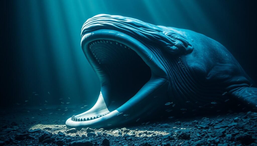 A massive, open-mouthed blue whale, its colossal tongue dominating the frame, rests against a dimly lit, rocky seafloor. Sunlight filters through the water, casting a warm, ethereal glow on the whale's leathery skin. The creature's cavernous gullet, a dark, yawning void, hints at the immense capacity of its feeding mechanism. Surrounding the whale, delicate schools of small fish dart in and out of the shadows, emphasizing the sheer scale and power of this marine giant. The scene conveys a sense of awe and wonder at the whale's massive, almost unimaginable size and the remarkable anatomy that enables it to sustain its enormous bulk.