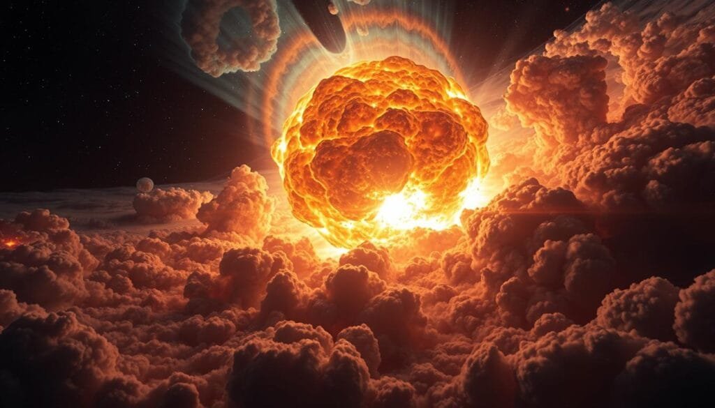 A massive, vibrant supernova explosion in the night sky, the luminous stellar core's brilliant glow cascading across swirling clouds of glowing cosmic dust and gas. The supernova's shockwave radiates outward, illuminating the surrounding interstellar medium in a dazzling display of celestial power. Dramatic lighting casts dramatic shadows and highlights, while a sense of depth and scale is conveyed through the layered, intricate structures in the foreground, middle ground, and distant background. An awe-inspiring, cinematic depiction of this extreme stellar event, capturing its raw energy and transformative impact on the cosmos.
