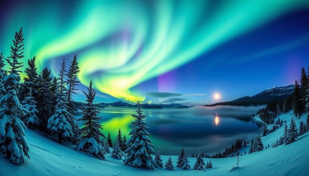 A mesmerizing aurora borealis display in the night sky over a serene Finnish landscape. The vibrant green, purple, and blue hues of the aurora dance gracefully across the heavens, casting a magical glow over the snow-covered pines in the foreground. In the middle ground, a tranquil lake reflects the ethereal light, creating a captivating mirror effect. The background is dotted with distant mountains, their peaks partially obscured by wisps of mist. The scene is illuminated by a full moon, its soft, ethereal light complementing the otherworldly aurora. The overall atmosphere is one of wonder and enchantment, perfectly capturing the unique natural beauty of Finland.