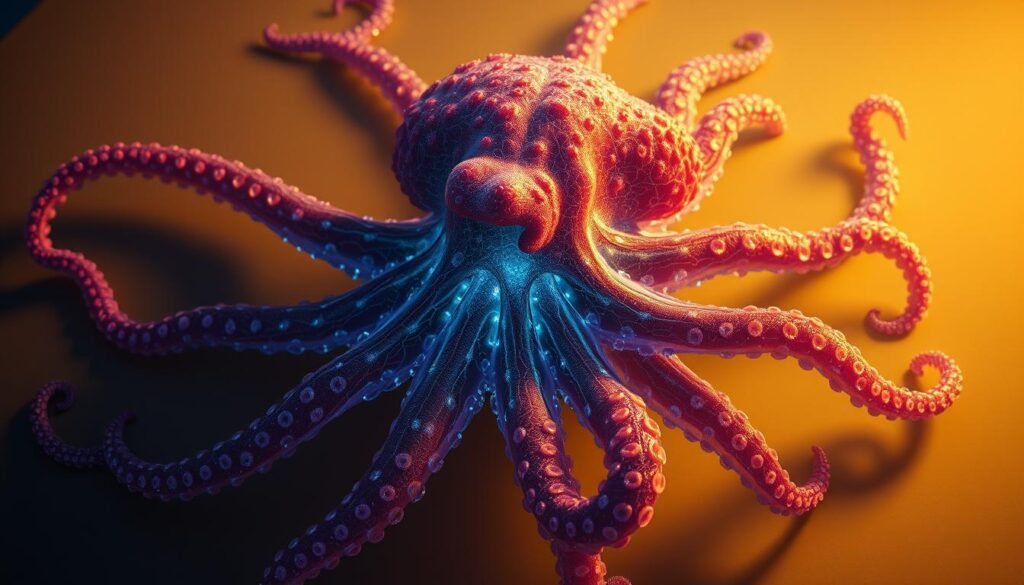A mesmerizing cerebro pulpo, the octopus' remarkable neural network sprawling across its eight tentacles. The intricate, webbed anatomy pulsates with vibrant hues, each arm a labyrinth of sensory neurons cascading towards a central neural mass. Tendrils of neural pathways intertwine, reflecting the octopus' capacity for distributed cognition, where thinking occurs not just in the head, but throughout its shapeshifting body. Illuminated by a warm, diffuse light that casts subtle shadows, highlighting the octopus' remarkable adaptability and fluid intelligence. Captured in an artistic, almost ethereal style that conveys the cerebro pulpo's alien yet captivating nature.