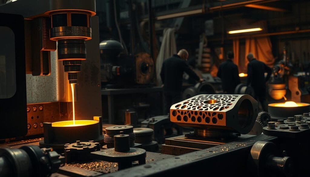 A metalworking workshop, dimly lit with warm industrial lighting. In the foreground, a CNC milling machine precisely carves intricate patterns into a lightweight, gleaming metal alloy part. Molten metal flows from a crucible, casting an amber glow across the scene. Gears, tools, and machined components fill the middleground, hinting at the mechanical processes at work. The background reveals the silhouettes of skilled technicians overseeing the fabrication, their movements choreographed with practiced efficiency. Wisps of steam and the rhythmic whir of machinery create an atmosphere of functional artistry, where the creation of lightweight, high-performance metal parts is elevated to an almost alchemical process. A metalworking workshop, dimly lit with warm industrial lighting. In the foreground, a CNC milling machine precisely carves intricate patterns into a lightweight, gleaming metal alloy part. Molten metal flows from a crucible, casting an amber glow across the scene. Gears, tools, and machined components fill the middleground, hinting at the mechanical processes at work. The background reveals the silhouettes of skilled technicians overseeing the fabrication, their movements choreographed with practiced efficiency. Wisps of steam and the rhythmic whir of machinery create an atmosphere of functional artistry, where the creation of lightweight, high-performance metal parts is elevated to an almost alchemical process.