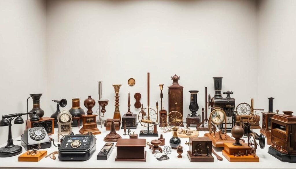 A meticulously crafted display of pioneering Scottish inventions, captured in a pristine studio setting with soft, natural lighting and a clean, minimalist backdrop. In the foreground, a mesmerizing array of groundbreaking devices, including Alexander Graham Bell's iconic telephone, John Logie Baird's early television prototype, and James Watt's revolutionary steam engine. In the middle ground, a collection of other transformative innovations, such as Alexander Fleming's penicillin, John McAdam's asphalt paving, and the Kelvin temperature scale. The overall composition exudes a sense of elegance and innovation, perfectly complementing the "Curiosities of Scotland that Changed the World" theme.