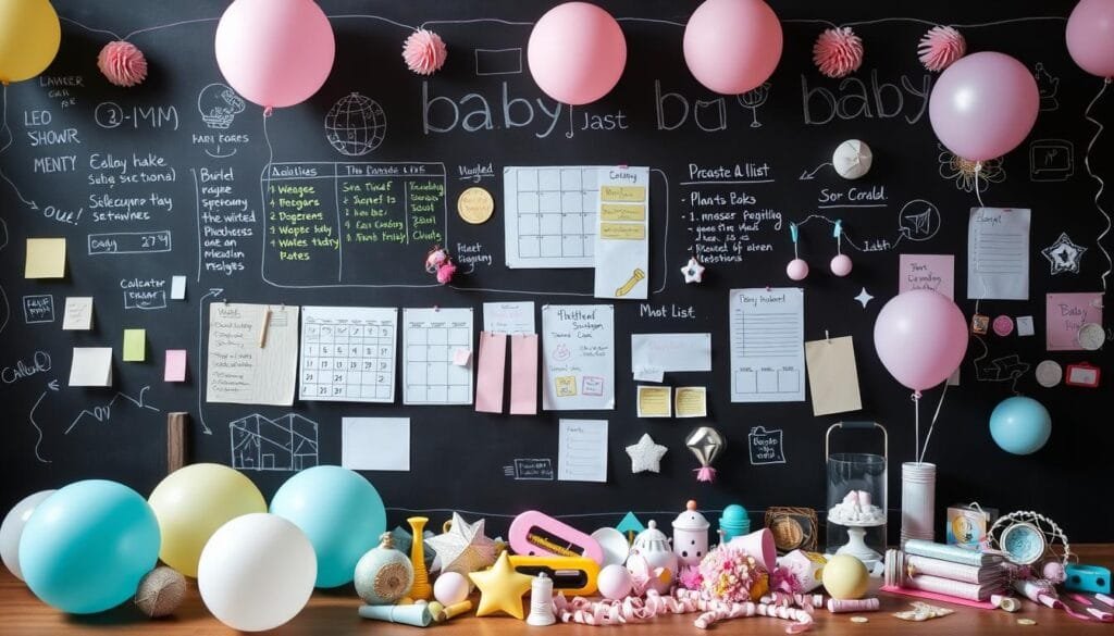 A meticulously designed event planning layout, showcasing a chalkboard surface with colorful notes, sketches, and organizational elements. In the foreground, a variety of party supplies and decorations are neatly arranged, including pastel-colored balloons, streamers, and baby-themed embellishments. The middle ground features a calendar, to-do lists, and mood boards, all illuminated by soft, natural lighting filtering in from the background. The overall atmosphere conveys a sense of thoughtful preparation, attention to detail, and a celebration of the joyous occasion of a themed baby shower.