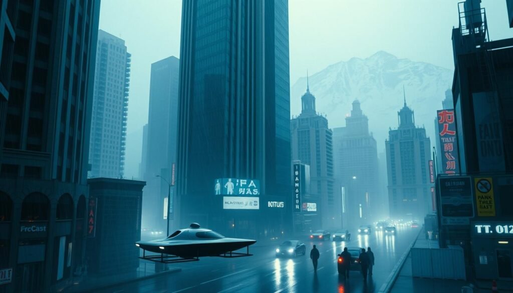 A moody, cinematic cityscape of a futuristic metropolis, with towering skyscrapers and neon-lit streets in a chromatic, high-contrast style. The scene is bathed in a cool, blue-tinted lighting, with a hazy, atmospheric quality that evokes the rainy, dystopian ambiance of the Blade Runner universe. In the foreground, a lone spinner (flying car) hovers silently, while in the middle ground, a group of replicants navigate the bustling, rain-slicked streets. In the background, the snow-capped peaks of distant mountains loom, a subtle nod to the visual similarities between the landscapes of Blade Runner and The Shining. The overall composition and aesthetic seamlessly blends the cyberpunk futurism of Blade Runner with the grand, imposing majesty of Kubrick's cinematic vision.
