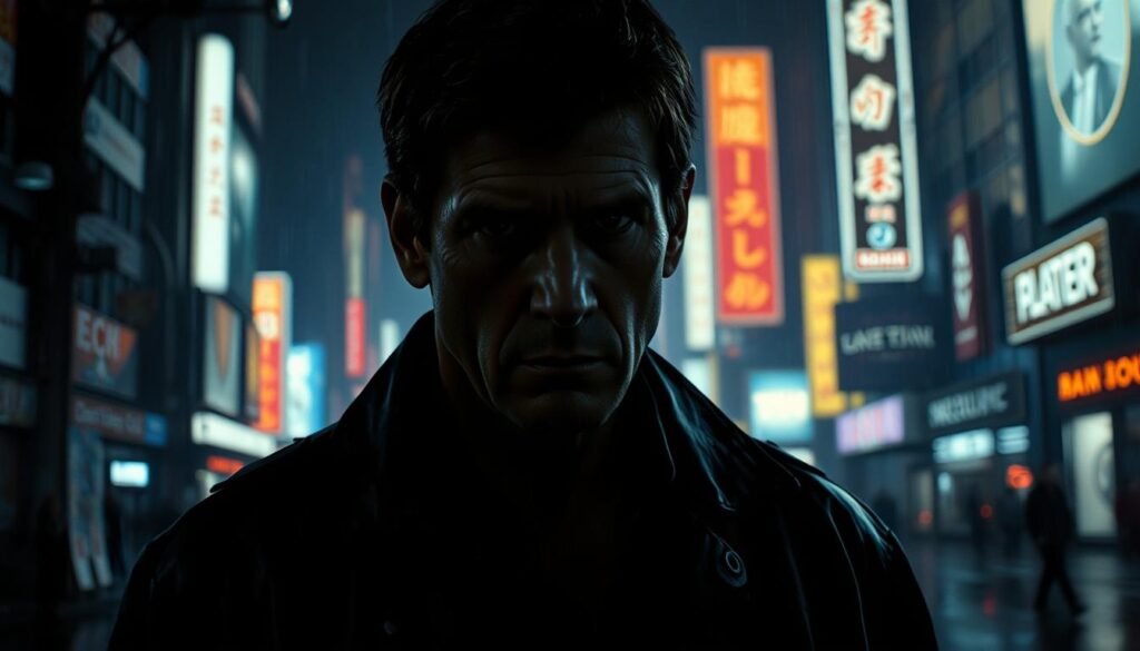 A moody, cinematic portrait of Harrison Ford as Rick Deckard from Blade Runner. Deckard stands in a dimly lit, rain-soaked urban landscape, his face half-obscured in shadow. The neon glow of futuristic cityscape buildings and billboards cast an eerie, cyberpunk atmosphere. Deckard's weary expression reflects the weight of his duties as a Blade Runner, hunting down rogue replicants. The scene is shot with a shallow depth of field, emphasizing Deckard's introspective focus. Dramatic chiaroscuro lighting sculpts the planes of his face, hinting at the complex, morally ambiguous nature of the character.
