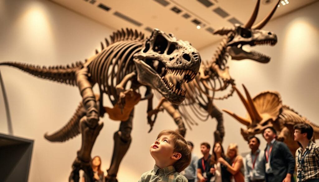 A museum display of towering Tyrannosaurus rex and Triceratops skeletons, illuminated by warm overhead lighting. The ancient creatures stand majestically, their fossilized bones casting intricate shadows on the pristine white walls. In the foreground, a young child gazes up in awe, surrounded by a group of curious office workers in casual attire, their expressions filled with wonder and excitement. The background blurs softly, drawing the viewer's focus to the captivating dinosaur centerpieces. An atmosphere of scientific fascination and childlike enchantment permeates the scene, evoking the timeless allure of these prehistoric giants. A museum display of towering Tyrannosaurus rex and Triceratops skeletons, illuminated by warm overhead lighting. The ancient creatures stand majestically, their fossilized bones casting intricate shadows on the pristine white walls. In the foreground, a young child gazes up in awe, surrounded by a group of curious office workers in casual attire, their expressions filled with wonder and excitement. The background blurs softly, drawing the viewer's focus to the captivating dinosaur centerpieces. An atmosphere of scientific fascination and childlike enchantment permeates the scene, evoking the timeless allure of these prehistoric giants.
