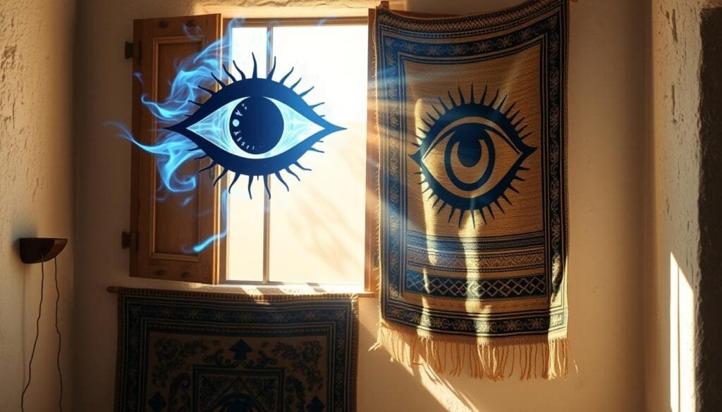A mystical eye-like symbol floating in the air, casting an ominous shadow over a traditional Greek home. The eye is surrounded by ethereal blue energy, hinting at the supernatural forces at play. In the foreground, a hand-woven tapestry with intricate patterns hangs on the whitewashed wall, adding depth and texture. Sunlight streams through a window, casting warm, golden hues and creating a sense of timelessness. The overall atmosphere is one of ancient folklore and superstition, capturing the essence of "mal ojo" in the context of everyday Greek life.