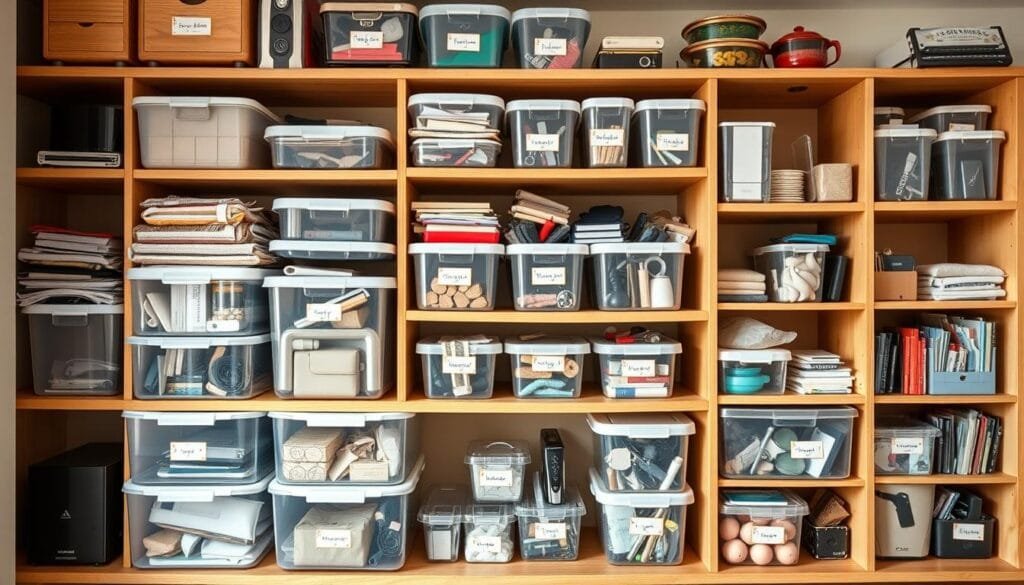 A neatly organized storage system with various labeled containers, shelves, and compartments, showcasing a range of everyday items typically found in a Chilean household. The scene is well-lit, with a warm, inviting color palette and a sense of order and efficiency. The containers may include items such as documents, photographs, electronics, kitchen supplies, and personal belongings, all arranged in a visually appealing and practical manner. The composition emphasizes the versatility and organizational potential of the storage system, reflecting the theme of "Ejemplos cotidianos en Chile: qué puedes almacenar y cómo organizarlo".
