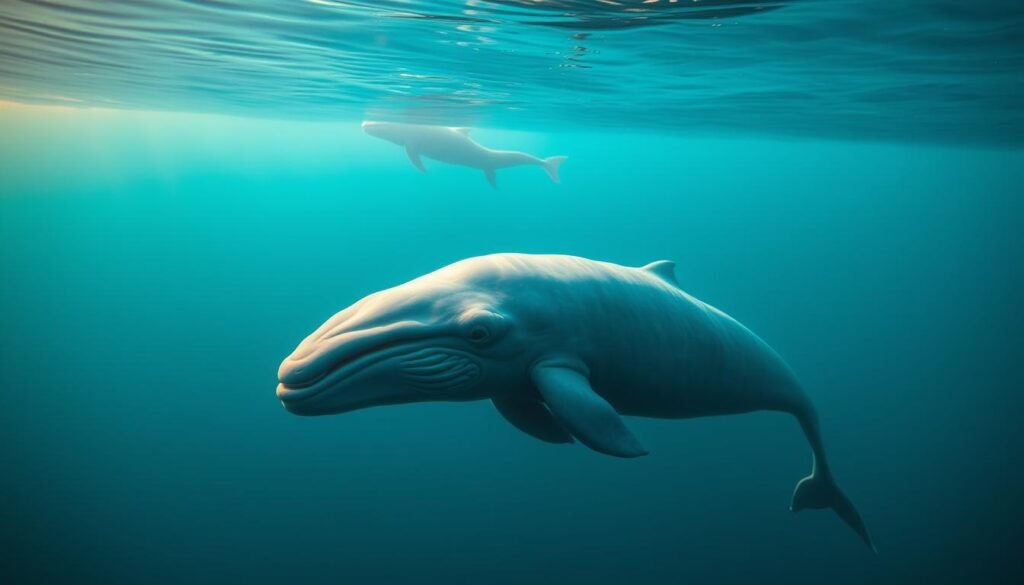 A newborn blue whale calf floating peacefully in the vast, azure ocean. The calf's soft, wrinkled skin gently ripples as it suckles from its mother's gargantuan teat, taking in the rich, creamy milk that will fuel its rapid growth. The scene is bathed in warm, golden light, casting a serene, almost ethereal glow. In the distance, the silhouettes of the mother whale and other whales can be seen, creating a sense of scale and emphasizing the tiny yet mighty newborn. The composition is carefully balanced, with the calf centered and filling the frame, drawing the viewer's eye to the delicate yet powerful subject. An awe-inspiring glimpse into the early life of the world's largest creature.