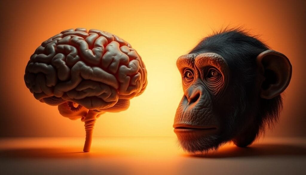 A pair of human and chimpanzee brains, side by side, illuminated by soft, warm lighting that highlights their distinct anatomical features. The human brain, slightly smaller and more wrinkled, appears to be aging and deteriorating compared to the chimpanzee brain, which retains a more youthful, robust structure. The scene is captured from a slightly elevated angle, creating a sense of contemplation and exploration of the evolutionary differences between the two species. The background is a neutral, muted tone, allowing the focus to remain on the intricate details of the brains and the comparison they represent.