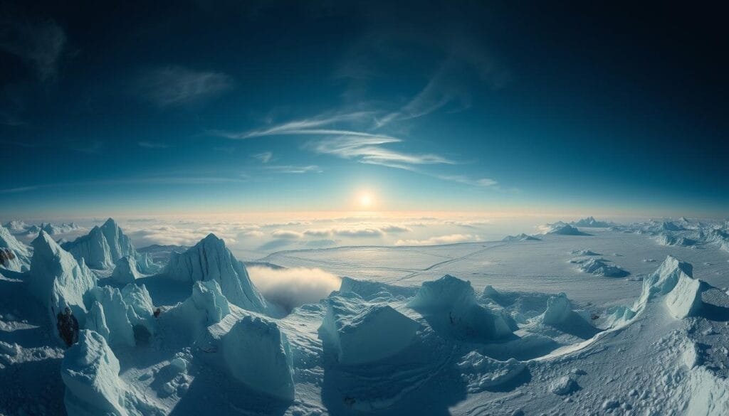 A panoramic view of Uranus's polar region, illuminated by the distant and angled solar rays. The frozen surface is bathed in a soft, diffuse glow, casting long shadows that accentuate the planet's peculiar tilt. In the foreground, jagged ice formations and towering glaciers glisten under the alien light, while wispy clouds drift across the cerulean sky. The middle ground reveals the gradual transition from day to night, with the horizon fading into a deep, indigo hue. In the background, the muted disk of the Sun hovers low on the horizon, casting a warm, golden hue over the entire scene, evoking the unique and dramatic seasons of this distant world.