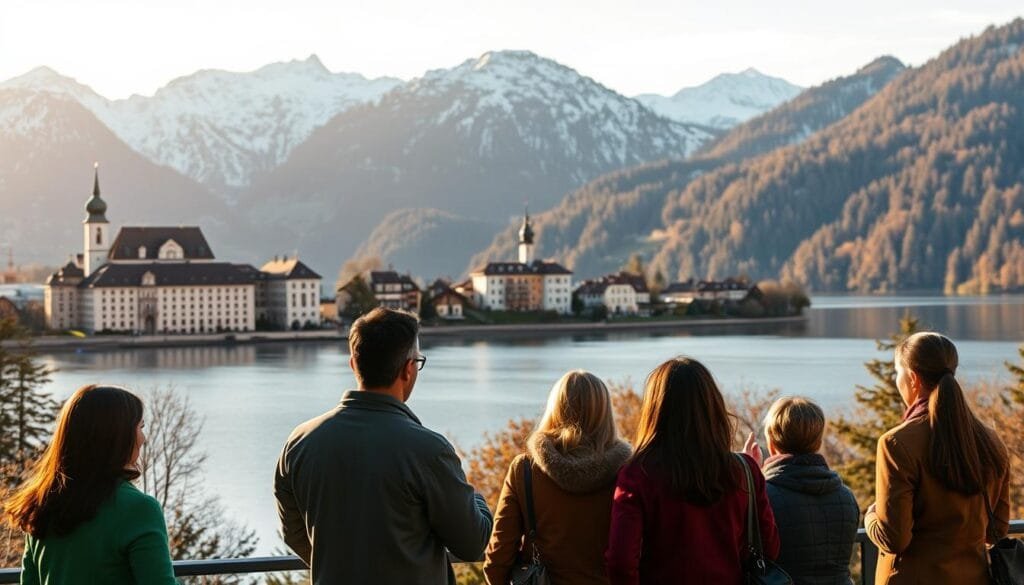 A panoramic view of the Swiss landscape, with the four official languages represented in a harmonious display. In the foreground, a group of people conversing in German, French, Italian, and Romansh, their gestures and facial expressions conveying the vibrant multilingual culture. The middle ground features iconic Swiss architecture, with snow-capped peaks rising in the distance, bathed in warm, diffused lighting that creates a sense of tranquility. The background showcases a serene lake, its reflective surface mirroring the surrounding mountains and forests, symbolizing the coexistence and unity of the four official tongues within the country.