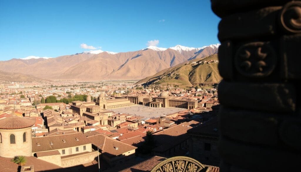 A panoramic view of the ancient Inca city of Cusco, its winding streets and plazas forming the unmistakable silhouette of a puma in the Andean landscape. The city's iconic architecture, with its stone walls and red-tiled roofs, is bathed in warm, golden light, creating a sense of timelessness. In the foreground, intricate Inca stonework and ornate details come into focus, while the middle ground showcases the city's layout, with its Plaza de Armas and surrounding buildings. In the background, the rugged Andes mountains rise up, their snow-capped peaks creating a dramatic backdrop. The overall scene conveys the deep connection between Cusco, its puma-shaped form, and the rich cultural heritage of the Andes.