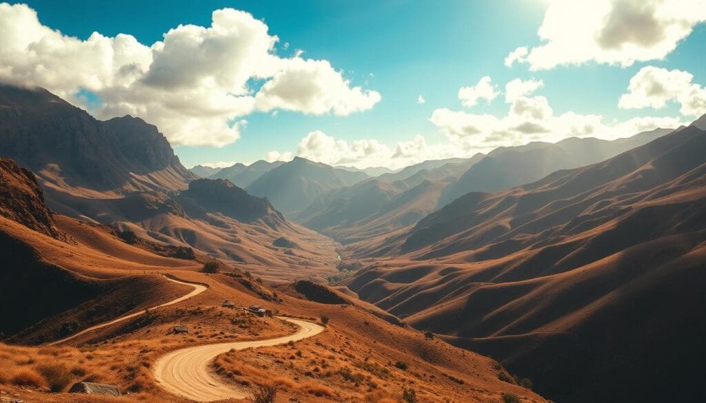 A panoramic view of the rugged, mountainous landscape of Lesotho's highlands, with towering peaks and deeply carved valleys. The scene is bathed in warm, golden sunlight, casting long shadows across the undulating terrain. In the foreground, a winding dirt road snakes through the rolling hills, dotted with clusters of traditional thatched-roof huts. Fluffy clouds drift across the vivid blue sky, adding depth and dimension to the breathtaking vista. The overall atmosphere is one of serene, majestic solitude, capturing the essence of Lesotho's unique and captivating highland geography. A panoramic view of the rugged, mountainous landscape of Lesotho's highlands, with towering peaks and deeply carved valleys. The scene is bathed in warm, golden sunlight, casting long shadows across the undulating terrain. In the foreground, a winding dirt road snakes through the rolling hills, dotted with clusters of traditional thatched-roof huts. Fluffy clouds drift across the vivid blue sky, adding depth and dimension to the breathtaking vista. The overall atmosphere is one of serene, majestic solitude, capturing the essence of Lesotho's unique and captivating highland geography.