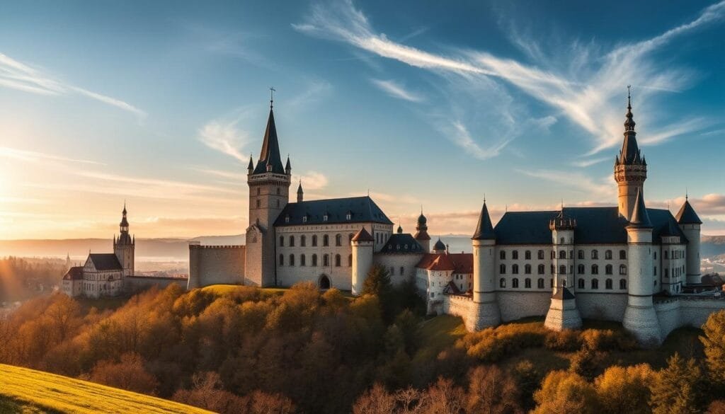 A panoramic view of three magnificent medieval castles nestled within the rolling hills of the Czech countryside. The central castle, Karlštejn, stands tall with its distinctive Gothic architecture and imposing stone walls. To the left, the charming town of Český Krumlov is dominated by its ornate Renaissance castle, while to the right, the stately Hluboká Castle rises majestically, its fairytale-like turrets and spires reflected in the calm waters below. Warm, golden sunlight filters through wispy clouds, casting a tranquil glow over the scene. The overall atmosphere evokes a sense of timeless elegance and historical grandeur.