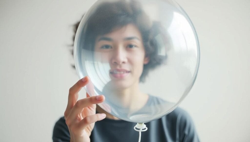 A person in a well-lit indoor setting, holding a transparent balloon filled with helium, their face obscured by the balloon. The balloon is rendered with meticulous detail, capturing the refractive properties of the helium gas, creating an almost ethereal, distorted effect. The person's hand gently grips the balloon, showcasing the lightness and buoyancy of the helium. The background is clean and minimalist, allowing the focal point to be the person and the balloon. The lighting is soft and diffused, creating a calming, contemplative atmosphere. The overall image conveys a sense of experimentation and discovery, alluding to the effects of helium on the human voice. A person in a well-lit indoor setting, holding a transparent balloon filled with helium, their face obscured by the balloon. The balloon is rendered with meticulous detail, capturing the refractive properties of the helium gas, creating an almost ethereal, distorted effect. The person's hand gently grips the balloon, showcasing the lightness and buoyancy of the helium. The background is clean and minimalist, allowing the focal point to be the person and the balloon. The lighting is soft and diffused, creating a calming, contemplative atmosphere. The overall image conveys a sense of experimentation and discovery, alluding to the effects of helium on the human voice.