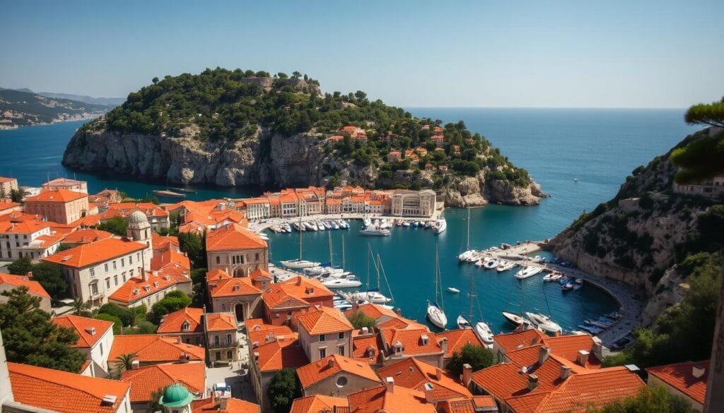 A picturesque Croatian coastal city, Dubrovnik, with its historic old town encircled by imposing medieval walls, bathed in warm Mediterranean light. Narrow, winding streets lined with red-roofed buildings and lush vegetation lead to a bustling harbor, where fishing boats and yachts bob gently on the turquoise waters of the Adriatic Sea. In the background, a dramatic rocky coastline dotted with pine trees rises up, creating a striking contrast between the built environment and the natural landscape. The scene exudes a timeless, cinematic quality, evoking the setting of many beloved films and TV series that have been shot in this enchanting location.