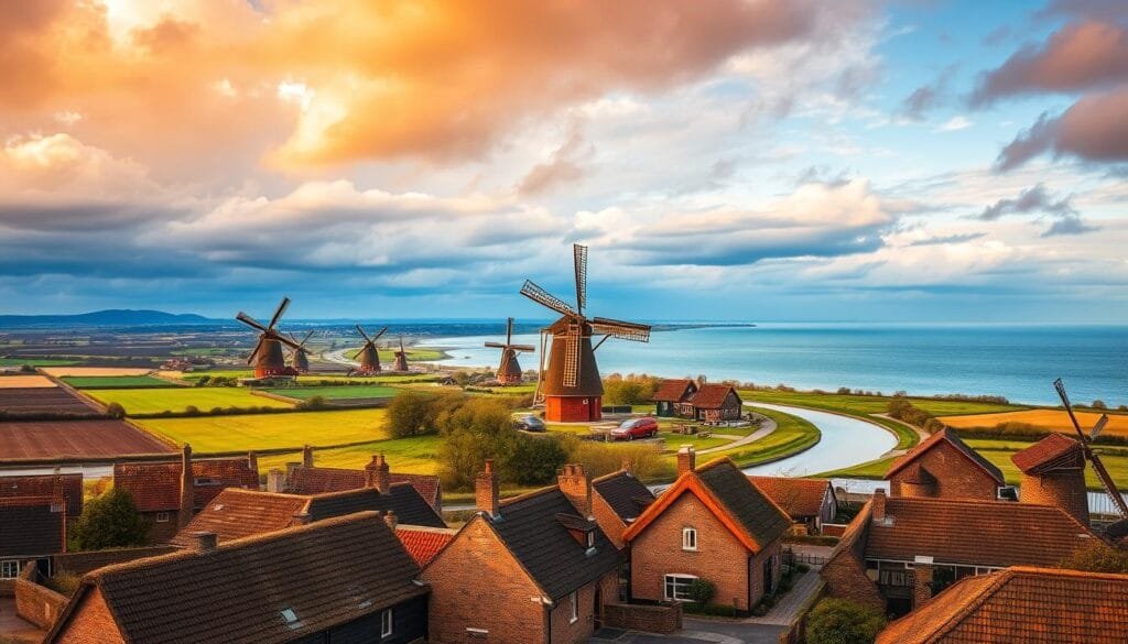 A picturesque Dutch landscape with iconic windmills dotting the horizon, set against a backdrop of rolling hills, a winding river, and a dramatic sky. The foreground features a quaint village, with traditional thatched-roof houses and cobblestone streets. In the middle ground, a group of majestic windmills, their sails slowly turning in the gentle breeze, harvesting the power of the wind. The background showcases the vast, flat expanse of the Netherlands, with a glimpse of the ocean in the distance, highlighting the country's unique relationship with the water. The scene is bathed in warm, golden light, creating a serene and timeless atmosphere that captures the essence of the Dutch countryside and the important role of windmills in the nation's history and culture.