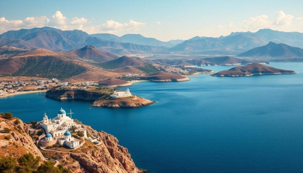 A picturesque Greek archipelago, with idyllic islands dotting the azure Aegean Sea. In the foreground, a stunning coastline with rugged cliffs and secluded coves, their white-washed buildings and blue-domed churches reflecting in the calm waters. In the middle ground, lush green hills and olive groves roll across the landscape, interspersed with ancient ruins and winding pathways. The background features majestic mountains, their peaks shrouded in wispy clouds, creating a sense of timeless, natural beauty. The warm, golden sunlight casts a magical glow over the entire scene, evoking a serene, tranquil atmosphere. The composition emphasizes the harmonious coexistence of land, sea, and sky, capturing the essence of the unique and diverse Greek islands.