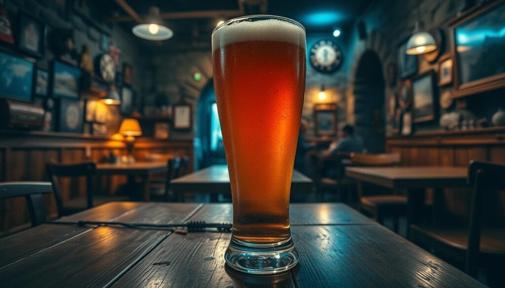 A picturesque Icelandic pub interior, dimly lit with soft, warm lighting. In the foreground, a frosted glass of Icelandic cerveza, filled with a rich, amber-colored brew. Wisps of foam cling to the sides, hinting at its creamy texture. The middle ground features wooden tables and chairs, worn and weathered, creating a cozy, rustic atmosphere. In the background, stone walls adorned with Icelandic knickknacks and artwork, transporting the viewer to the heart of this Nordic nation. The overall scene evokes a sense of tradition, comfort, and the unique flavors of Icelandic culture.