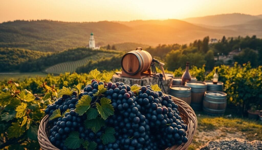 A picturesque hillside vineyard in the Moselle region of Luxembourg, lush with rows of grapevines under a golden sunset sky. In the foreground, a woven basket overflows with ripe, juicy grapes in shades of deep purple and green. In the middle ground, a rustic wooden wine cask sits atop a stone wall, surrounded by weathered wooden barrels and tools of the vintner's craft. The background features rolling hills blanketed in verdant forests, with a glimpse of a charming village church steeple in the distance. Warm, muted tones create a cozy, inviting atmosphere, evoking the rich history and traditions of Moselle winemaking.