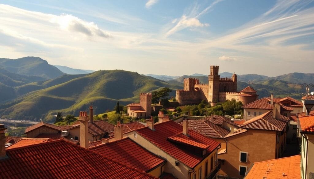 A picturesque landscape capturing the unique charm of San Marino, the world's oldest republic. In the foreground, traditional Sammarinese architecture with red-tiled roofs and cobblestone streets. Towering medieval fortresses and towers rise in the middle ground, casting dramatic shadows. The rolling green hills of the Apennine Mountains form the serene backdrop, bathed in warm, golden sunlight. Wispy clouds drift overhead, adding a sense of tranquility. The scene exudes an air of timeless history and enchanting beauty, inviting the viewer to explore the quaint, captivating curiosities of this remarkable micronation. A picturesque landscape capturing the unique charm of San Marino, the world's oldest republic. In the foreground, traditional Sammarinese architecture with red-tiled roofs and cobblestone streets. Towering medieval fortresses and towers rise in the middle ground, casting dramatic shadows. The rolling green hills of the Apennine Mountains form the serene backdrop, bathed in warm, golden sunlight. Wispy clouds drift overhead, adding a sense of tranquility. The scene exudes an air of timeless history and enchanting beauty, inviting the viewer to explore the quaint, captivating curiosities of this remarkable micronation.