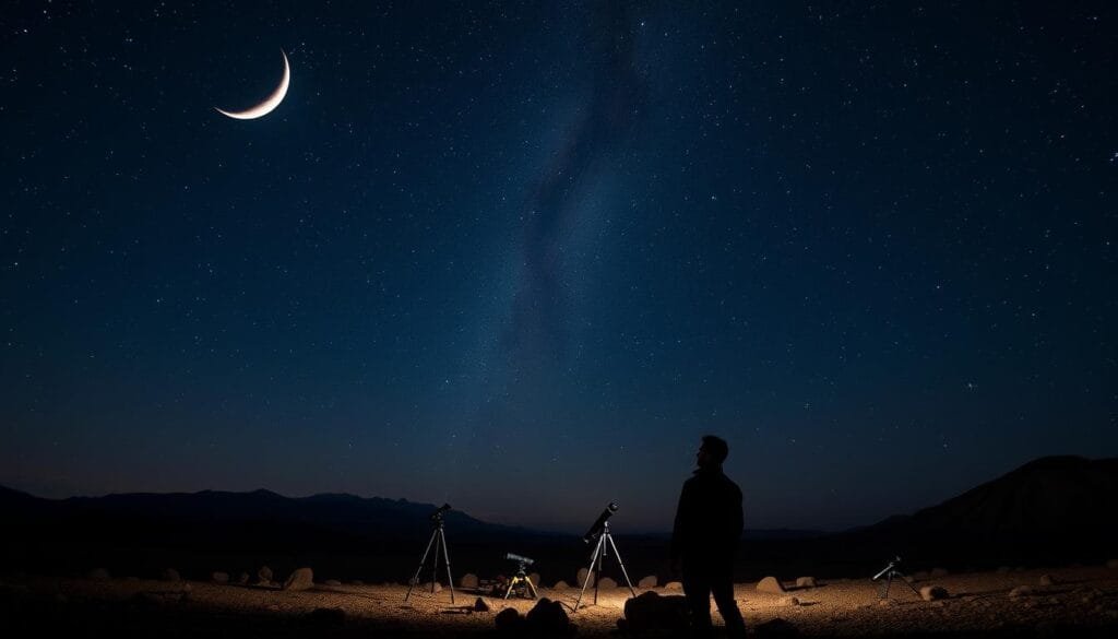 A picturesque night sky in the Atacama Desert of Chile, with the majestic Andromeda galaxy prominently visible. The scene is illuminated by a crescent moon, casting a soft, ethereal glow over the rugged landscape. In the foreground, a silhouetted figure stands gazing upward, captivated by the celestial wonder. In the middle ground, a cluster of telescopes and binoculars are set up, ready to offer a closer look at the distant galaxy. The background is filled with twinkling stars, stretching out into the infinite expanse of the universe. The overall mood is one of awe, wonder, and a deep connection to the cosmos.