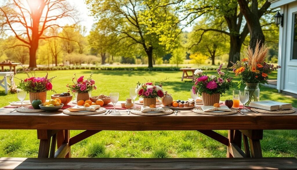 A picturesque outdoor dining setup adorned with a playful spring theme. In the foreground, a rustic wooden table is laid with an abundance of fresh seasonal produce, vibrant floral centerpieces, and woven placemats. Delicate pastel-colored napkins and cutlery are arranged elegantly. The middle ground showcases a lush green lawn dotted with blooming wildflowers, while a backdrop of lush trees and a clear blue sky create a serene, sun-dappled ambiance. Warm, diffused natural lighting casts a soft, inviting glow over the entire scene, evoking the tranquil atmosphere of an idyllic spring picnic.