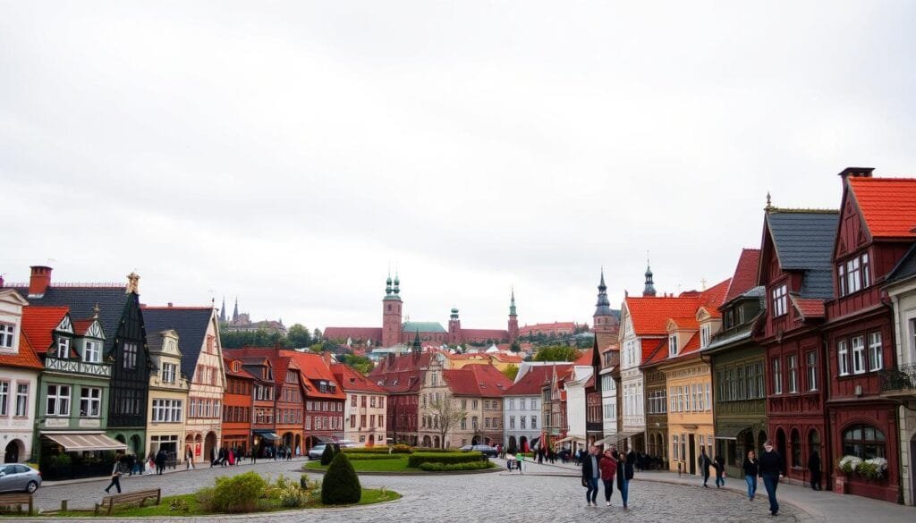A picturesque scene of the historic Riga Old Town, a UNESCO World Heritage site. In the foreground, cobblestone streets wind through a charming landscape of colorful, gabled buildings with ornate architectural details. Clusters of people stroll leisurely, taking in the quaint, timeless atmosphere. In the middle ground, the iconic spires and domes of medieval churches and cathedrals rise elegantly against a bright, overcast sky. In the background, the skyline is punctuated by the distinctive silhouettes of historic towers and fortifications, remnants of Riga's storied past. The image conveys a sense of Old World elegance and preserved cultural heritage.