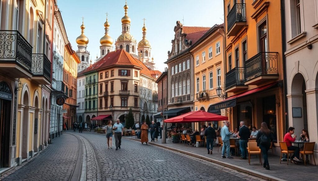 A picturesque street in the historic heart of Praga, the alternative heart of Moldova. In the foreground, a charming cobblestone path winds past colorful, centuries-old buildings with ornate facades. Intricate architectural details, like wrought-iron balconies and ornate window frames, catch the warm glow of the afternoon sun. In the middle ground, locals and visitors mingle at cozy sidewalk cafes, sipping coffee and enjoying lively conversation. The background is dominated by the spires and domes of historic churches, their golden accents shimmering. An atmosphere of timeless elegance and vibrant, bohemian energy pervades the scene, capturing the essence of Praga's distinctive alternative character.