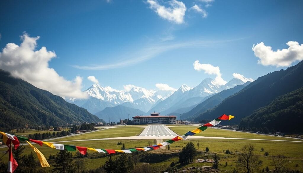 A picturesque view of the Paro International Airport nestled amidst the majestic Himalayas of Bhutan. The terminal building, with its traditional Bhutanese architecture, stands in harmony with the surrounding snow-capped peaks. A single runway cuts through the lush, verdant landscape, ready to welcome travelers from around the world. In the foreground, prayer flags flutter gently, conveying a sense of spiritual tranquility. Wispy clouds drift overhead, casting soft shadows across the scene. The lighting is natural and diffused, creating a serene, almost ethereal ambiance. This image captures the essence of Bhutan's unique approach to tourism, where visitors are invited to immerse themselves in the country's rich culture and natural beauty.