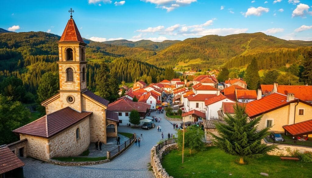 A picturesque village nestled in the lush, verdant hills of the Serbian countryside. In the foreground, a quaint stone church with a towering bell tower stands proudly, its weathered facade bathed in warm, golden sunlight. Winding cobblestone streets lead through the heart of the village, lined with charming, whitewashed houses with red-tiled roofs. In the middle ground, a bustling marketplace comes to life, locals and travelers mingling amidst an array of colorful produce, handcrafted wares, and lively conversation. The background is dominated by rolling hills and dense forests, their deep greens contrasting with the brilliant blue of the cloudless sky. A serene, tranquil atmosphere pervades the scene, capturing the essence of natural beauty and traditional life in the center of the Balkans.