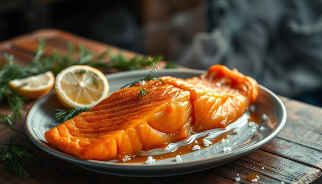 A plate of exquisitely prepared Norwegian salmon, its flesh glistening with a delicate glaze, rests on a rustic wooden table. The fish's vibrant orange hue is accentuated by the warm, soft lighting, casting a cozy, inviting atmosphere. Surrounding the plate, a scattering of fresh dill sprigs, lemon wedges, and a sprinkle of sea salt evoke the coastal landscapes of Norway. In the background, a hazy, dreamlike quality suggests the rich history and Viking legends that have shaped the region's culinary heritage. The overall composition conveys a sense of refined elegance and a reverence for the natural bounty of the sea that has sustained generations of Norwegians. A plate of exquisitely prepared Norwegian salmon, its flesh glistening with a delicate glaze, rests on a rustic wooden table. The fish's vibrant orange hue is accentuated by the warm, soft lighting, casting a cozy, inviting atmosphere. Surrounding the plate, a scattering of fresh dill sprigs, lemon wedges, and a sprinkle of sea salt evoke the coastal landscapes of Norway. In the background, a hazy, dreamlike quality suggests the rich history and Viking legends that have shaped the region's culinary heritage. The overall composition conveys a sense of refined elegance and a reverence for the natural bounty of the sea that has sustained generations of Norwegians.