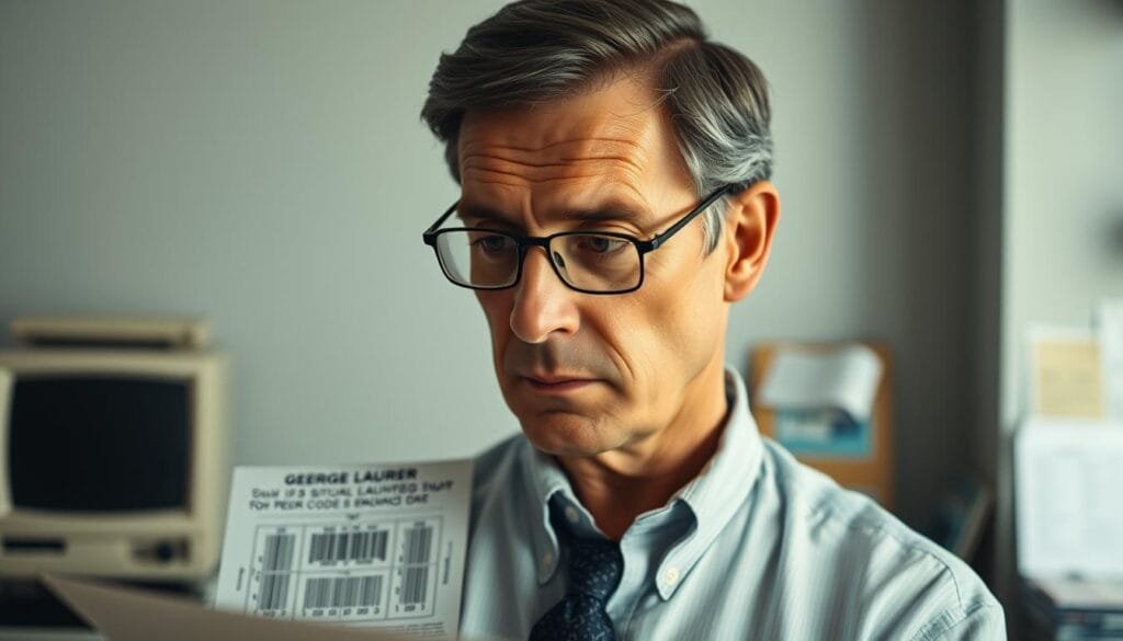 A portrait of George Laurer, the IBM engineer who developed the Universal Product Code (UPC) barcode system. Laurer stands in a thoughtful pose, his brow furrowed as he gazes intensely at a schematic diagram of the barcode layout. Soft, directional lighting from the side creates depth and highlights the lines of his face. The background is a clean, modern office setting with hints of computer equipment and technical manuals, emphasizing Laurer's role as an innovator at the forefront of retail technology. The overall mood is one of quiet contemplation and the gravity of his contribution to the standardization of barcodes, which would go on to revolutionize the way the world tracks and sells products.