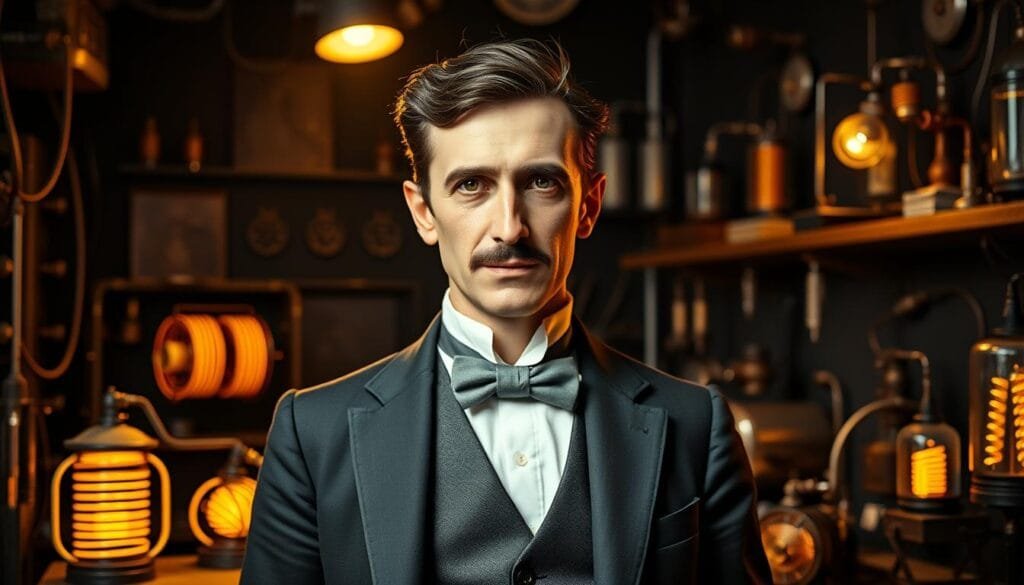 A portrait of Nikola Tesla, the renowned Croatian-American inventor and electrical engineer, standing in a dimly lit laboratory. Tesla is dressed in a sharp, tailored suit with a crisp white shirt and a stylish bowtie, exuding an air of intellectual sophistication. The background is filled with various electrical equipment, including Tesla coils, generators, and scientific instruments, casting a warm, amber glow on the scene. The lighting is dramatic, with a single spotlight illuminating Tesla's face, highlighting his piercing gaze and thoughtful expression. The composition is carefully balanced, with Tesla positioned in the center, surrounded by the tools of his trade. This image captures the essence of Tesla's pioneering spirit and his profound contributions to the field of electrical engineering.