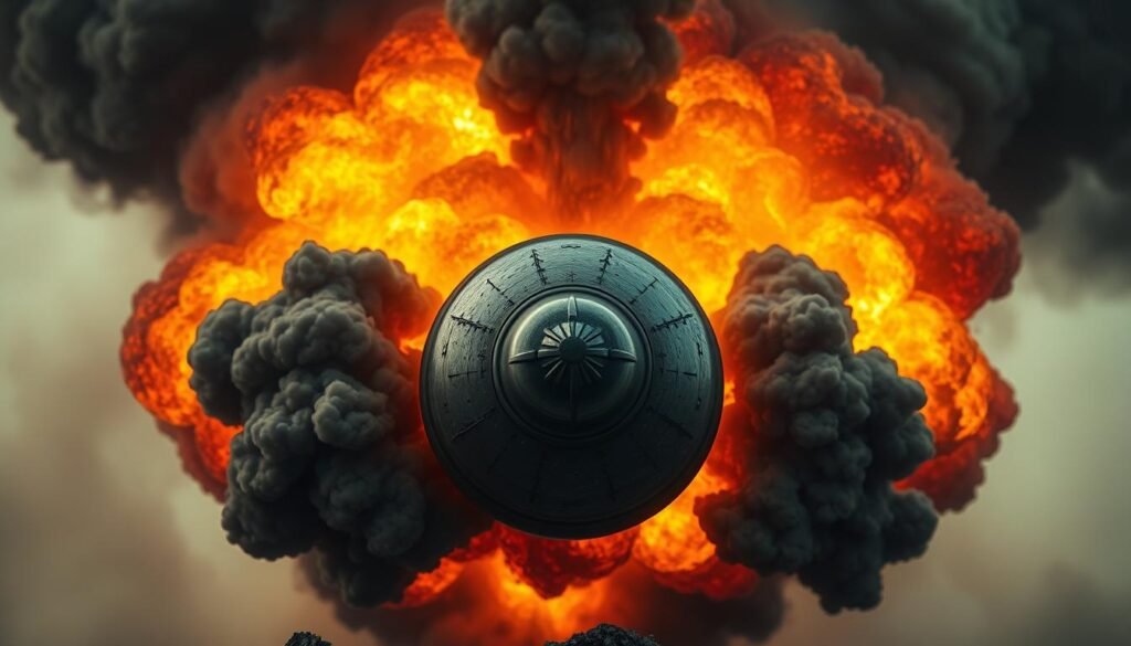 A powerful explosion erupting from a spherical artillery shell, captured in vivid detail. The shell, rendered in metallic tones, is centered in the foreground, with a blaze of fiery orange and yellow hues radiating outwards. Billowing plumes of thick, dark smoke swirl and cascade behind the shell, creating an ominous and dramatic atmosphere. Subtle lighting from the explosion casts dramatic shadows, emphasizing the intensity of the detonation. The background is hazy and indistinct, allowing the explosive force to take center stage. Realistic textures and intricate details bring this powerful image to life, capturing the sheer destructive power of a "bomba".