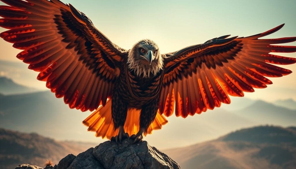 A powerful portrait of Skanderbeg, the legendary Albanian national hero, depicted as an eagle soaring over the rugged Albanian landscape. The eagle's piercing gaze and outstretched wings convey a sense of strength, courage, and defiance, mirroring Skanderbeg's renowned leadership in the fight against the mighty Ottoman Empire. The scene is bathed in warm, golden light, evoking the proud and fiercely independent spirit of the Albanian people. The background features a hazy, mountainous horizon, hinting at the historical context and the long, arduous struggle for sovereignty that shaped the nation. This striking image captures the essence of Albania's storied past, a testament to the indomitable will of its people in the face of adversity.