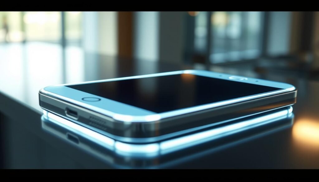 A powerful, sleek mobile device dominates the frame, its screen casting a captivating glow. The device is rendered in high-definition with intricate details, from the smooth glass surface to the precision-crafted metallic chassis. Positioned in a well-lit, modern environment, the mobile shines with a sense of advanced technology and capability. The lighting accentuates the device's striking design, creating dramatic shadows and highlights that convey its impressive performance. The background is slightly blurred, allowing the mobile to be the central focus, highlighting its status as a powerful tool for the user.