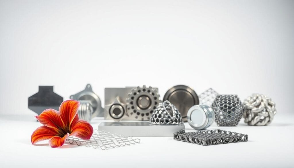 A pristine, well-lit studio scene depicting several lightweight, metallic materials arranged in an orderly composition. The foreground features a delicate, honeycomb-patterned aerographene structure, almost ethereal in its weightlessness, gently supported by a vibrant, colorful flower. In the middle ground, an assortment of other advanced, ultra-lightweight alloys and composites, such as titanium, magnesium, and carbon fiber, are displayed in a clean, minimalist manner. The background is a simple, neutral backdrop that allows the materials to take center stage, showcasing their elegant, sustainable properties. The overall mood is one of scientific curiosity and environmental consciousness, emphasizing the intersection of technology, recycling, and cost-effective solutions. A pristine, well-lit studio scene depicting several lightweight, metallic materials arranged in an orderly composition. The foreground features a delicate, honeycomb-patterned aerographene structure, almost ethereal in its weightlessness, gently supported by a vibrant, colorful flower. In the middle ground, an assortment of other advanced, ultra-lightweight alloys and composites, such as titanium, magnesium, and carbon fiber, are displayed in a clean, minimalist manner. The background is a simple, neutral backdrop that allows the materials to take center stage, showcasing their elegant, sustainable properties. The overall mood is one of scientific curiosity and environmental consciousness, emphasizing the intersection of technology, recycling, and cost-effective solutions.