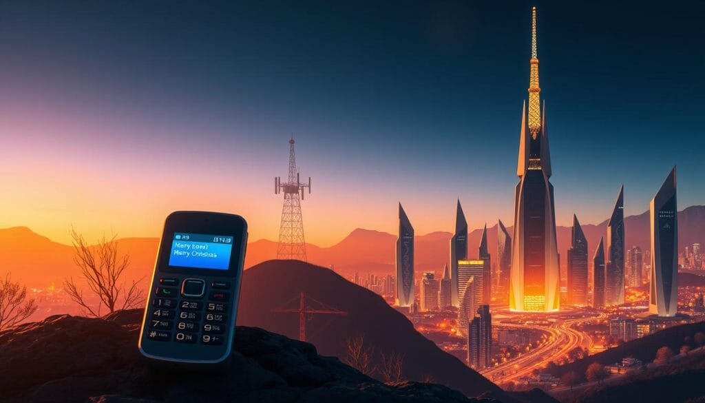A retro-futuristic landscape depicting the evolution of short message service (SMS). In the foreground, a vintage mobile phone glows with a pixelated display, hinting at the early days of text messaging. The midground features a towering antenna, symbolizing the cellular networks that enabled the proliferation of SMS. In the background, a futuristic cityscape with sleek, angular buildings bathes in a warm, golden light, representing the widespread adoption and integration of SMS technology into modern life. The scene is imbued with a sense of nostalgia and technological progress, encapsulating the journey from the inception of a simple "Merry Christmas" message to the ubiquitous SMS standard.