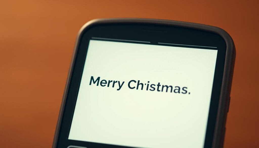 A retro-styled mobile phone screen displaying a simple text message against a warm, nostalgic backdrop. The message reads "Merry Christmas" in a classic monospace font, conveying the historical significance of the first SMS ever sent. The screen is illuminated by a soft, diffused light, casting a gentle glow over the scene. The phone is rendered in a muted, vintage color palette, evoking a sense of timelessness and the early days of mobile communication. The composition is clean and focused, drawing the viewer's attention to the pivotal message that marked the beginning of a technological revolution.